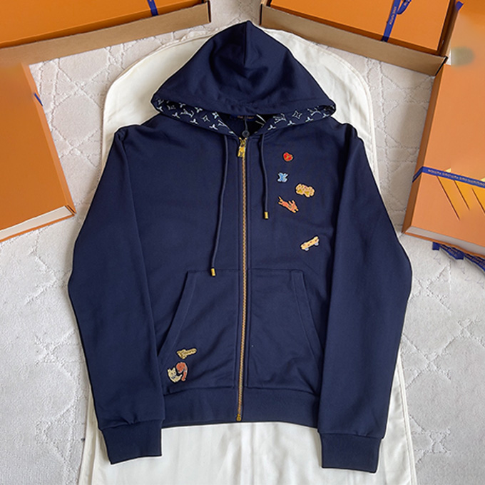 lv louis vuitton multi‑motif embroidered full‑zip hooded sweatshirt